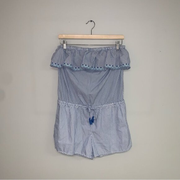 Vineyard Vines Ruffle Romper Size Small Vertical Striped Blue White Cotton Short - Picture 2 of 6
